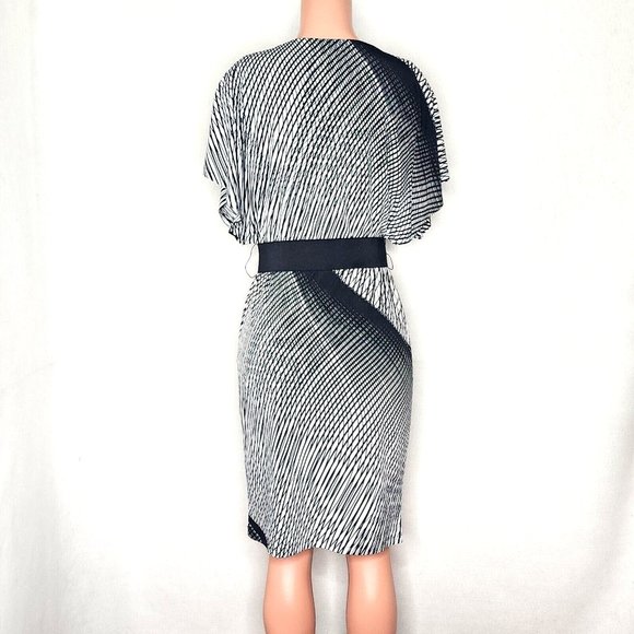 Frank Lyman Design Black White Geometric Dress Belted Elastic Waist - Picture 4 of 6